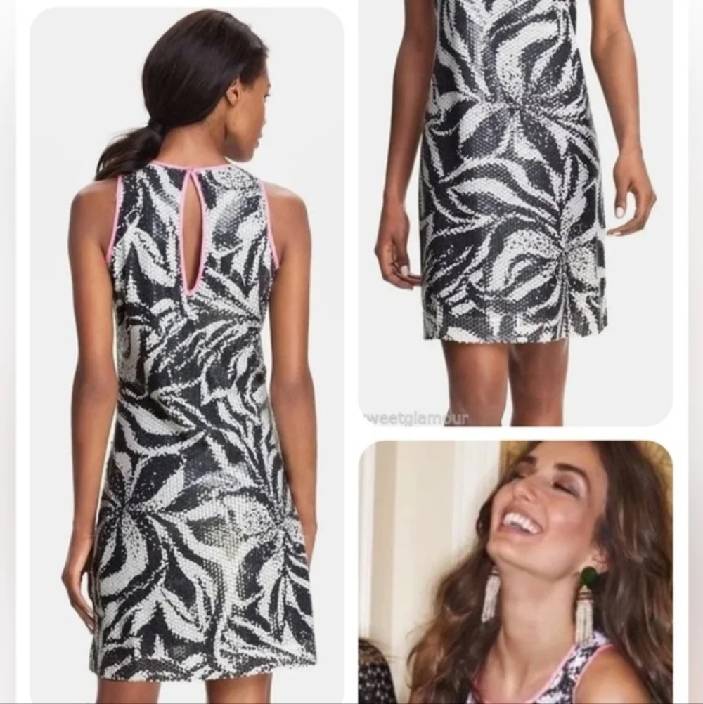 Lilly Pulitzer Courtin Sneak A Peek Black & White Sequin Shift Dress - 10